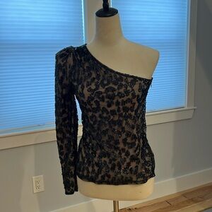 Black lace w nude interior material, single shoulder.